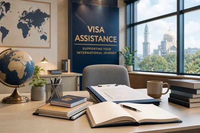 AI-generated illustration for an article about contacting IIUM’s visa office; not a photograph of the university.
