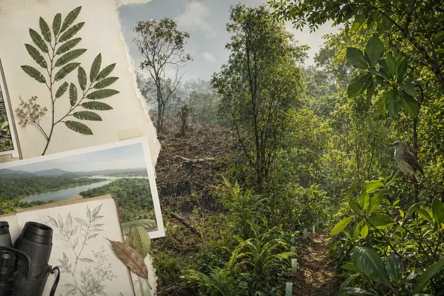 Native tree seedlings planted in a restored forest landscape after removal of non-native trees