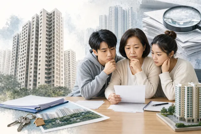 香港住宅樓宇與居屋申請文件插畫，代表白表居屋家庭成員資格審查
