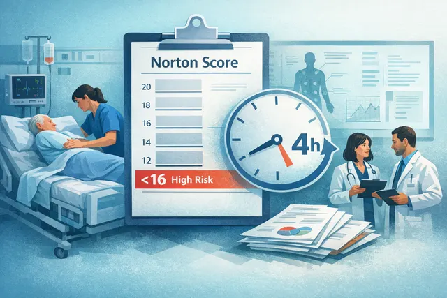 for patients in hospital, how norton scale related to frequency of repositioning. e.g. score less than 16 should implement turning every 4 h