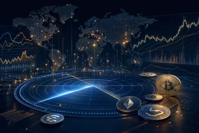 Ilustración editorial sobre el análisis del mercado de criptomonedas