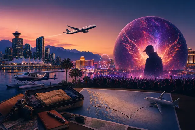 Stylized travel itinerary from Vancouver to Las Vegas for an ILLENIUM concert at Sphere