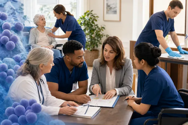 Illustration of nursing home staff coordinating infection prevention and cleaning for MRSA management