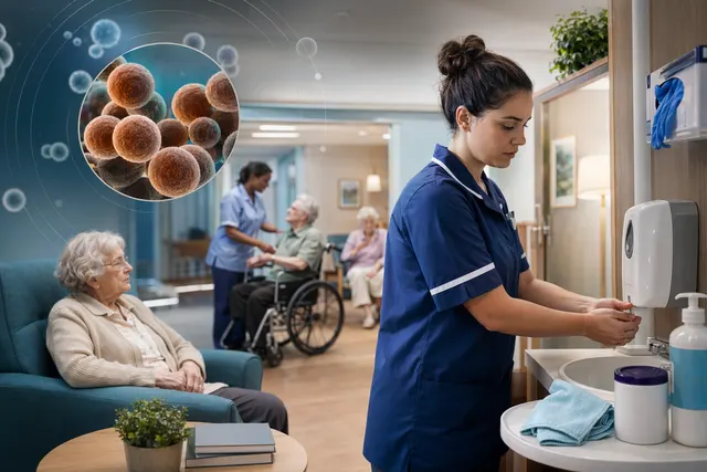 Nurse supporting an older resident in a residential care home with infection-prevention cues