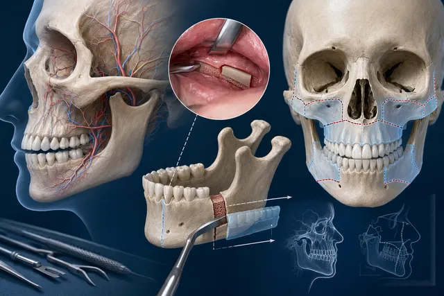 Medical-style illustration of lower jaw anatomy for an article explaining Hofer osteotomy in orthognathic surgery