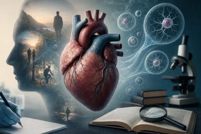 Illustration of a human heart connected to glowing neural pathways, representing the debate over heart memory