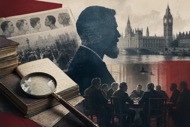 Editorial illustration representing the historical debate over the Fabian Society and eugenics