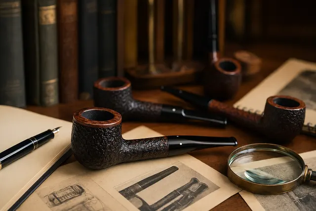 Editorial illustration of a Cumberland-style pipe with a brown sandblasted bowl and smooth rim