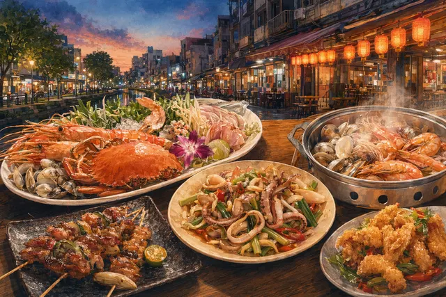台南中西區海安路與尊王路熱炒聚餐示意，桌上有海鮮與熱炒菜色