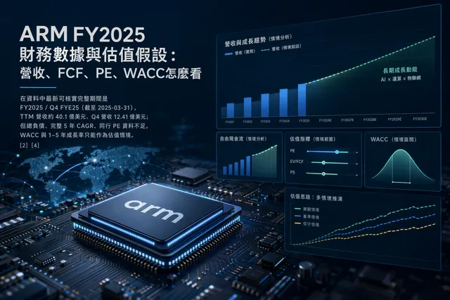 以晶片與財務圖表呈現ARM FY2025營收、自由現金流與估值分析的示意圖
