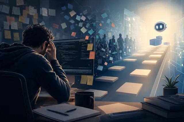 Editorial illustration of developers debating GitHub Copilot inside repository workflows