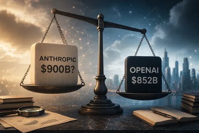 AI-generated editorial illustration about Anthropic’s reported $900B valuation and OpenAI’s confirmed $852B funding round