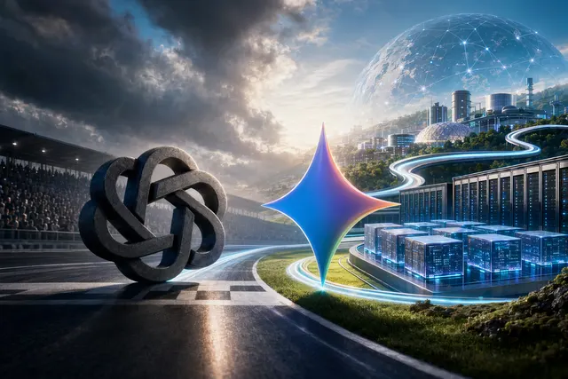 抽象 AI 基礎設施場景，象徵 Google Gemini、TPU 晶片與雲端資料中心競爭
