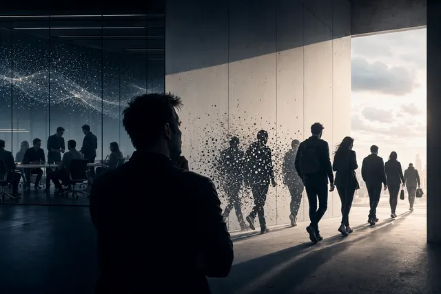 Editorial illustration of xAI employees leaving an office, representing reports of a cofounder exodus