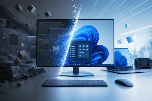 Editorial illustration of a Windows 11 desktop being repaired under the reported Windows K2 quality initiative