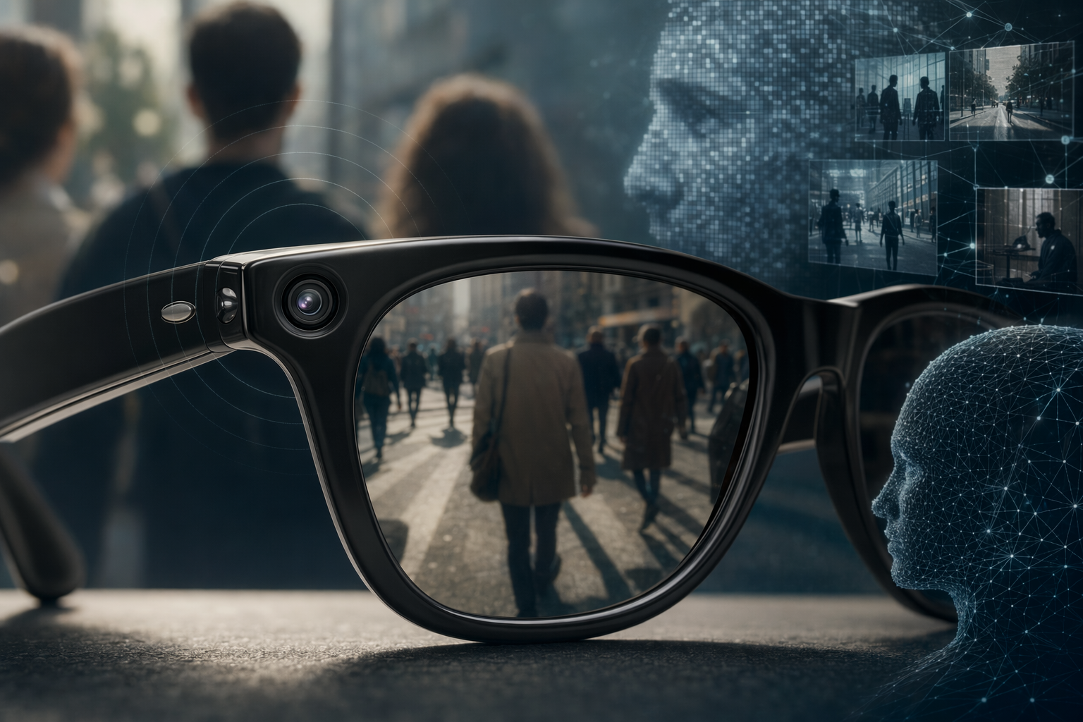 Editorial illustration of Meta Ray-Ban smart glasses highlighting cameras and privacy concerns