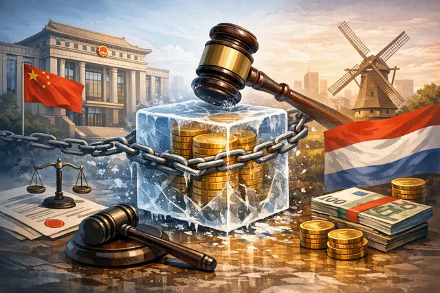 Editorial illustration of a semiconductor chip and legal asset freeze in the Nexperia-Wingtech dispute