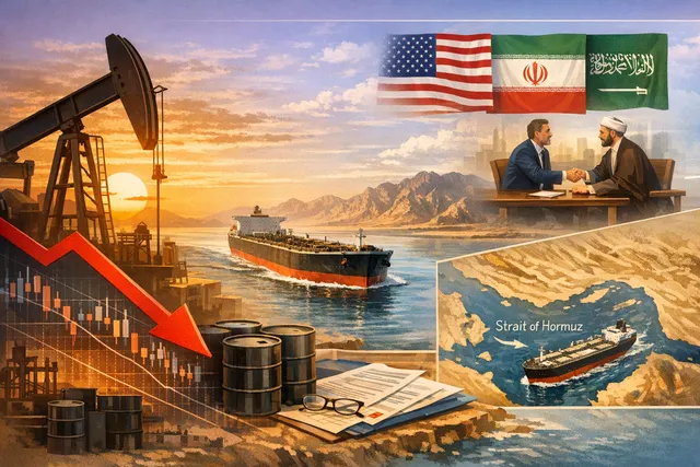 Oil tankers and crude oil price chart overlay illustration representing the Strait of Hormuz crisis and falling oil prices in 2026