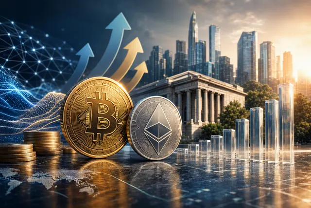 Editorial illustration representing Bitcoin and Ether price forecasts