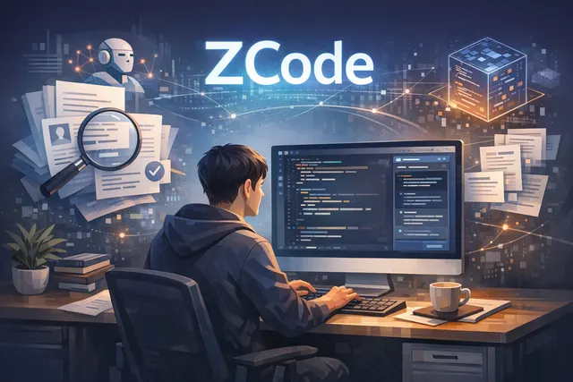 AI-generated abstract visual representing ZCode 3.0, an agentic development environment (ADE) from Z.ai connected to the GLM-5.2 coding model.