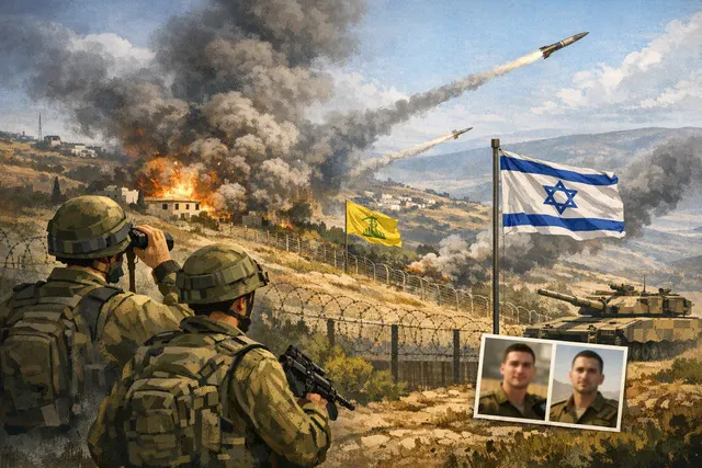 AI-generated editorial hero image showing a conceptual representation of the Israel-Lebanon border conflict with smoke and flags