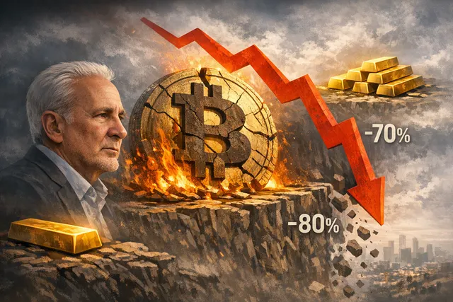A split illustration contrasting a bearish Peter Schiff-style Bitcoin crash prediction with bullish Wall Street upward-trending forecasts, showing a dramatic price chart divergence