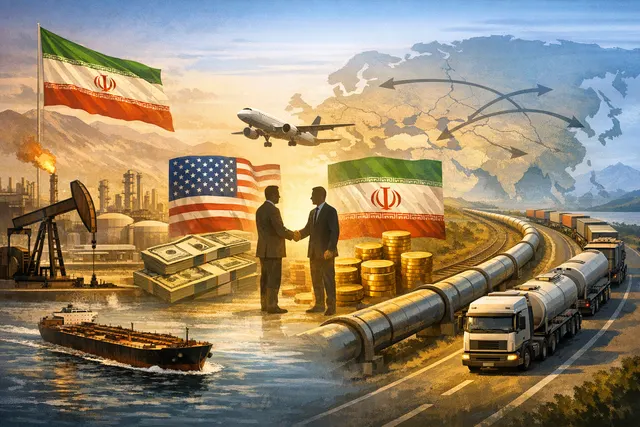 Map and illustration of the Strait of Hormuz with tanker ship, oil barrels, and financial symbols representing the US-Iran MOU deal on sanctions relief and transit fees.