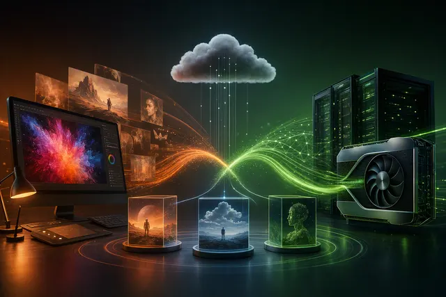 Illustration representing Adobe creative software and Nvidia AI hardware working together
