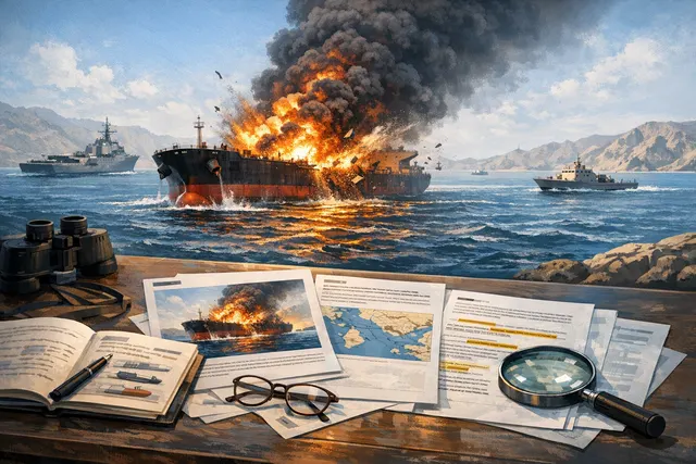 An oil tanker at sea near the Strait of Hormuz at dusk, with other vessels in the background, illustrating the high-traffic maritime chokepoint where a tanker exploded on July 26,
