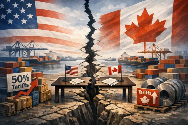 Editorial illustration of U.S. and Canadian flags divided by tariff barriers during a trade dispute