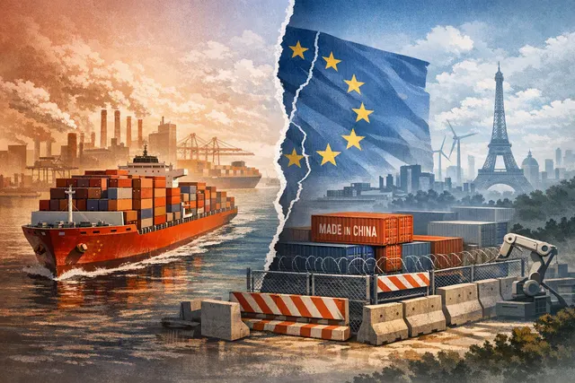 Illustration of Chinese exports arriving in Europe as EU factories, cars and trade routes face growing competitive pressure