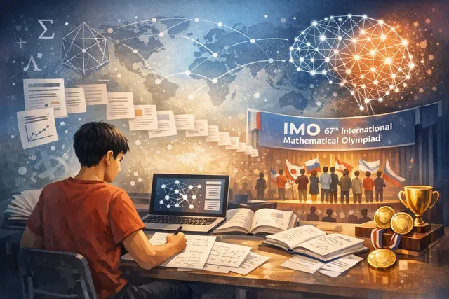 AI-generated visualization of a mathematical formula and geometric shapes, representing RedNote's dots-note-3.0 AI model achieving a perfect score at the International Mathematical