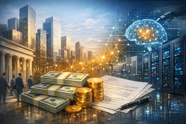 Abstract representation of AI infrastructure and corporate finance, symbolizing Amazon's massive loan and Big Tech's borrowing trend for AI spending.