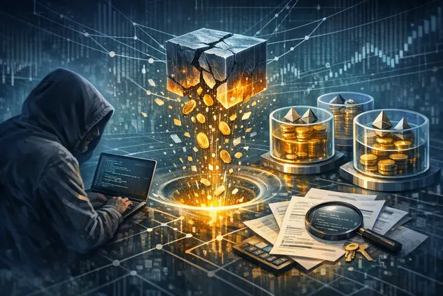 Abstract illustration of a decentralized lending protocol liquidation system breaking apart around digital asset pools