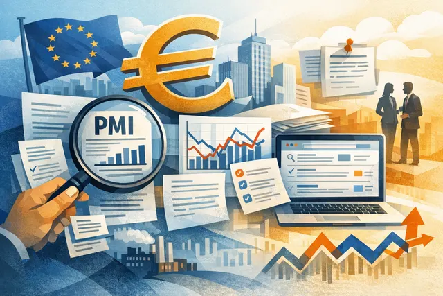 Illustration of eurozone economic data charts, including PMI index, manufacturing indicators, and ECB interest rate decisions.