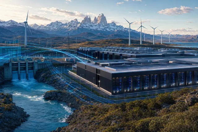 Illustration of a large data center campus in Argentina’s Patagonian landscape