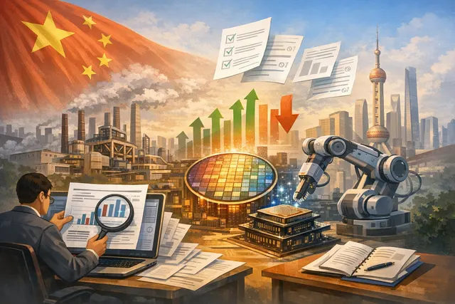 A split-visual editorial illustration showing a factory floor with electronics and chips on one side and car assembly lines and furniture workshops on the other, representing China