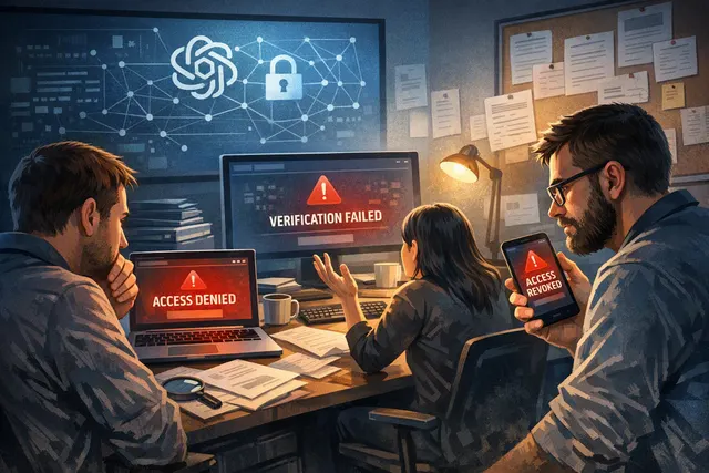 Editorial illustration of a cybersecurity researcher facing a revoked AI access screen