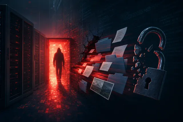 Editorial illustration of a critical GitLab path-traversal vulnerability and server file exposure