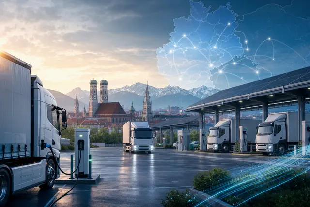 Illustration of electric trucks charging at a shared logistics depot