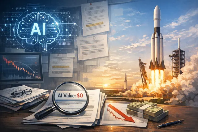 A conceptual image representing SpaceX's stock decline and AI valuation disconnect, with a rocket silhouette and financial chart elements.
