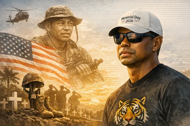 Editorial image representing Tiger Woods' Memorial Day 2026 tribute, father's military service, and personal challenges.