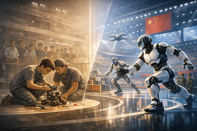 Conceptual editorial illustration of humanoid robots competing in a stadium and performing industrial tasks