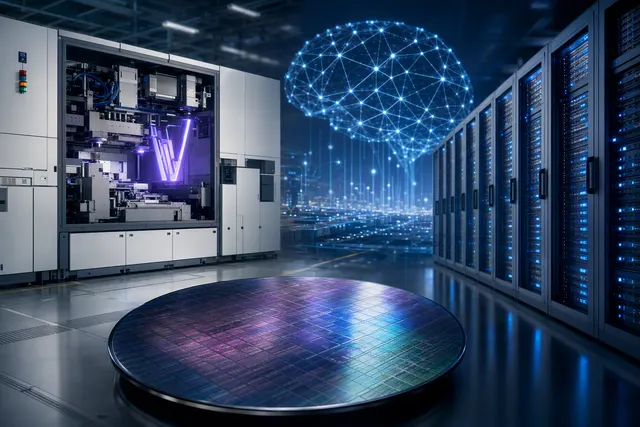 AI-generated illustration of advanced semiconductor manufacturing equipment and AI data-center demand