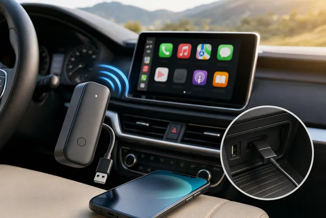 Editorial illustration of a compact USB adapter making a car’s wired phone connection wireless