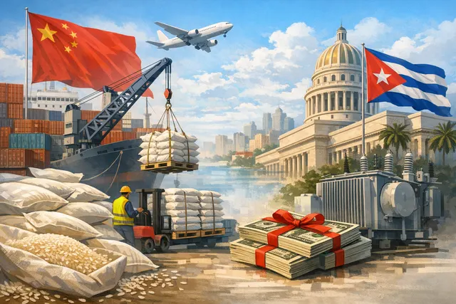 A ship carrying rice arriving at the Port of Havana, symbolizing China's emergency food aid to Cuba amid a severe fuel and humanitarian crisis.