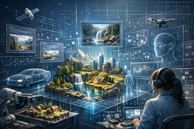 Conceptual 3D scene illustrating Atlas, World Labs’ multimodal AI model, with a virtual camera path moving through a reconstructed environment