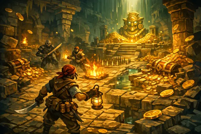 Conceptual artwork of a treasure-filled cursed temple for Glowmade’s Rogue Fortune roguelite