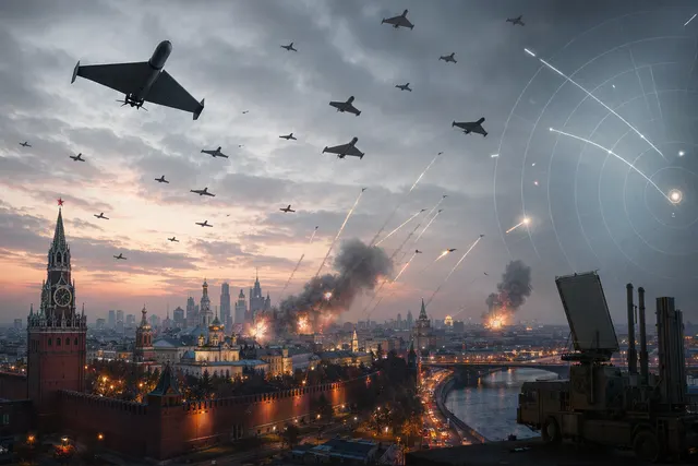 Illustration of a large swarm of drones approaching Moscow during a nighttime aerial attack