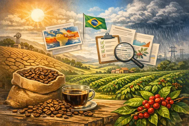 Aerial view of coffee plantation with storm clouds approaching, symbolizing El Niño threat to Brazil's coffee harvest